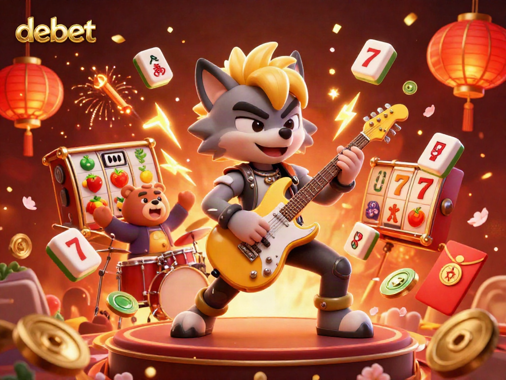 Engaging debet gaming scene featuring a rock star wolf performing amidst vibrant casino elements.