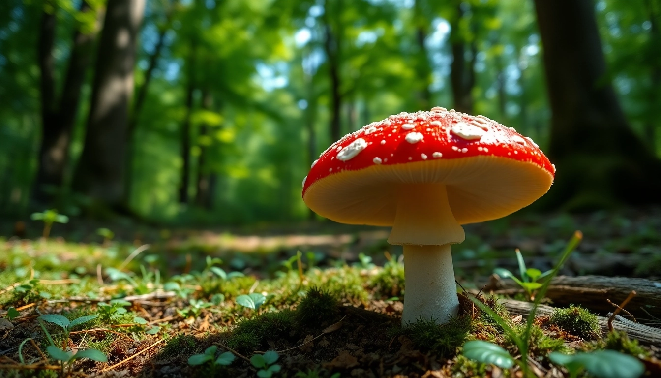 Fliegenpilz bestellen - Vorbildlicher Fliegenpilz im Wald mit leuchtender Farbe und Details.