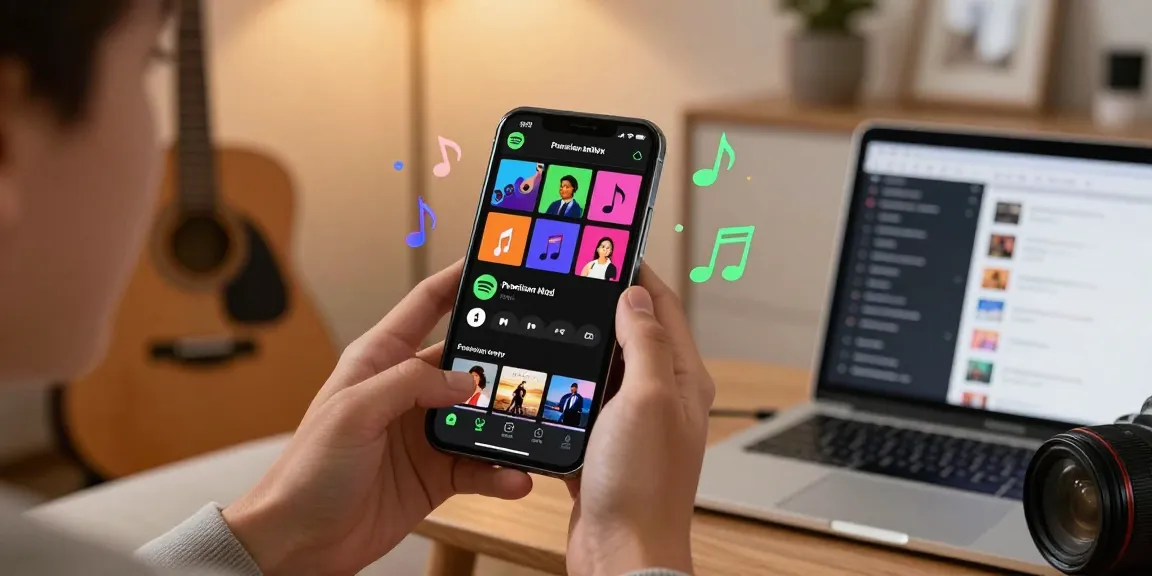 Young adult using spotify mod apk in a cozy living room, vibrant music notes around