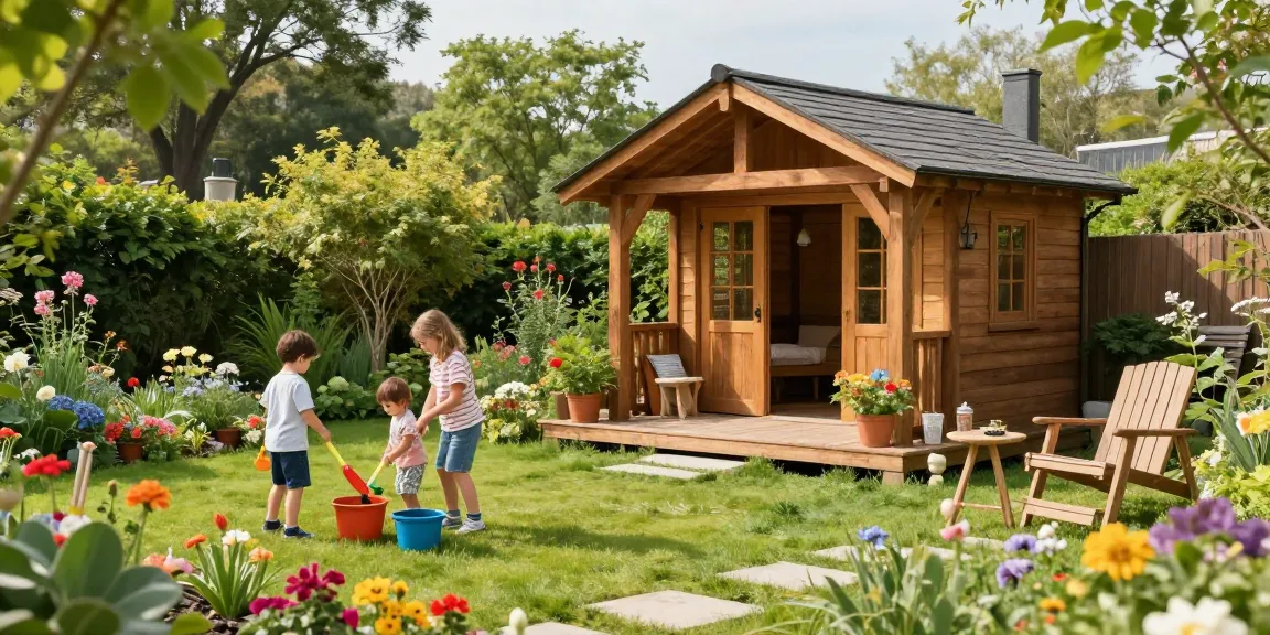 Gartenhaus Holz umgeben von blühenden Pflanzen und einer spielenden Familie im Garten.