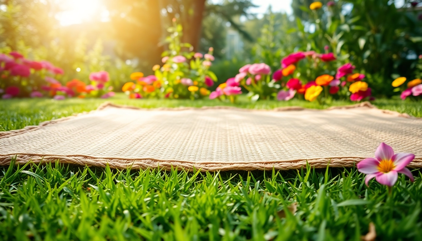 Die Hanfmatte wunderschön im Garten präsentiert, umgeben von blühenden Pflanzen.