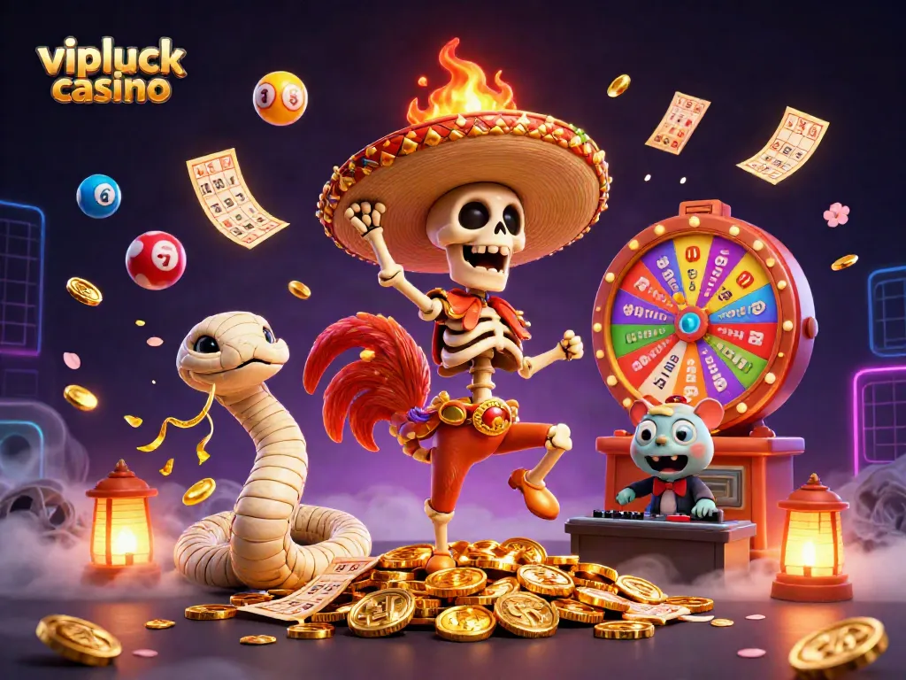 Experience the thrill at vipluck casino with our lively illustration showcasing a festive scene of characters amidst gaming elements.