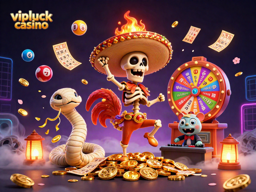 Experience the thrill at vipluck casino with our lively illustration showcasing a festive scene of characters amidst gaming elements.
