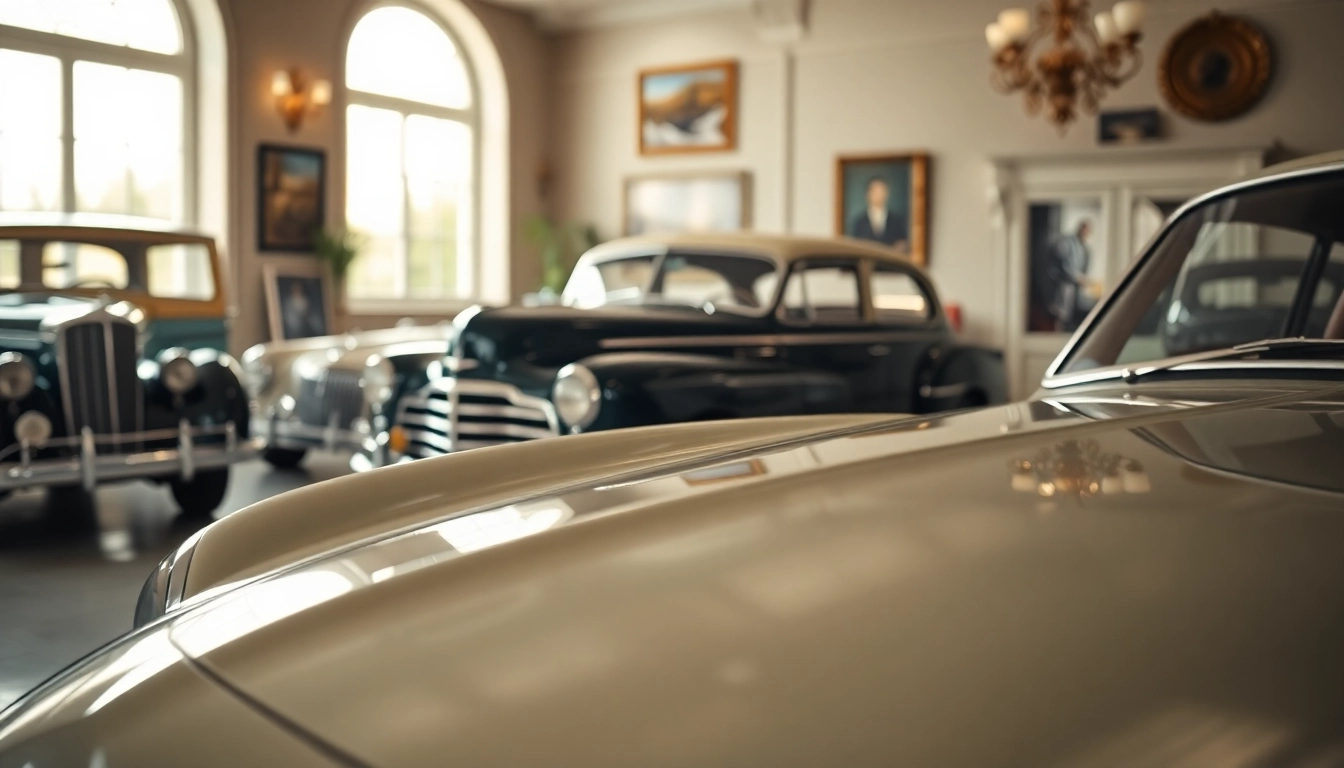 Oldtimer Wertgutachten im Fokus eines klassischen Autos in einer Galerie.