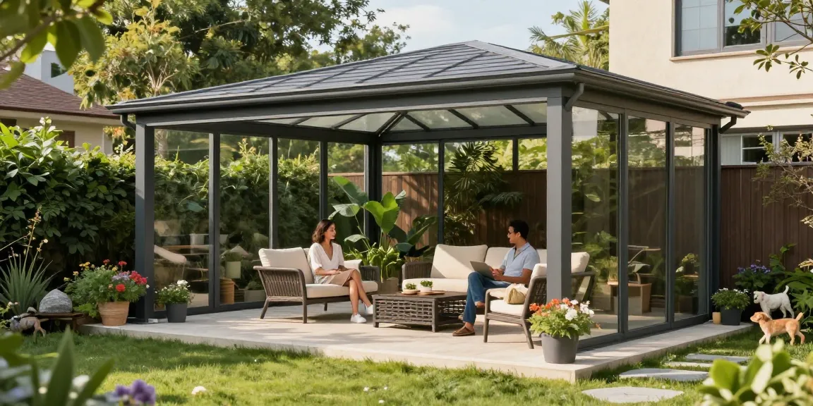 Freistehende Terrassenüberdachung im Garten mit entspannendem Umfeld