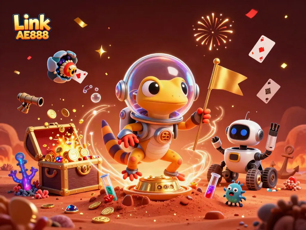 Join the excitement at Link AE888 with a vibrant 3D casino scene full of treasures and action.