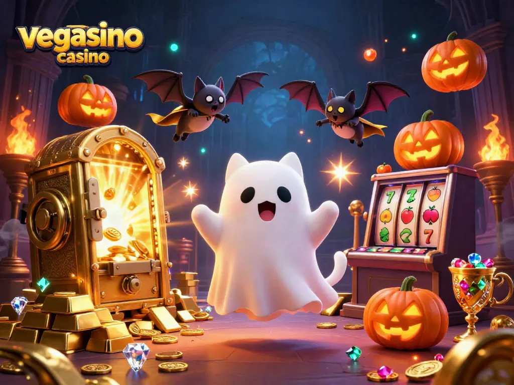 Experience the thrill of vegasino casino with glowing ghost cat and slot machines in a vibrant scene.