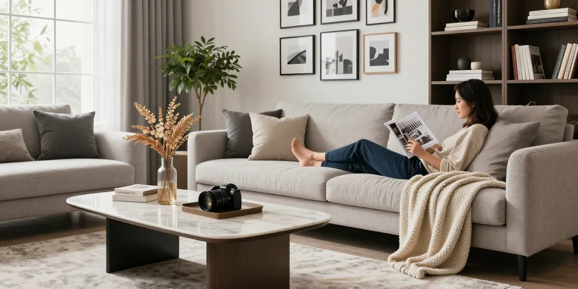 Entdecken Sie stilvolle Möbeloptionen beim Möbel Kaufen in einem gemütlichen Wohnzimmer mit einem modernen Sofa und dekorativen Elementen.