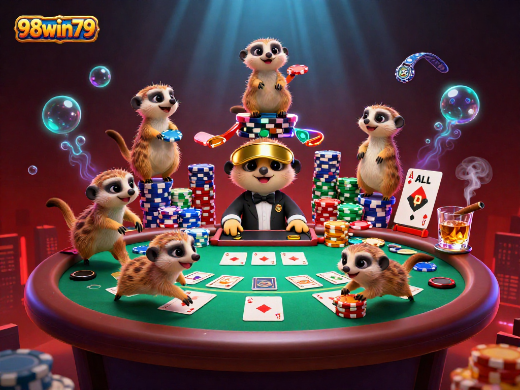 Engage with the vibrant casino scene featuring meerkats, showcasing 98win79 theme and rich gambling elements.