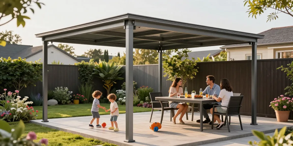 Familie genießt den sonnigen Tag unter einer eleganten Terrassenüberdachung im Garten.