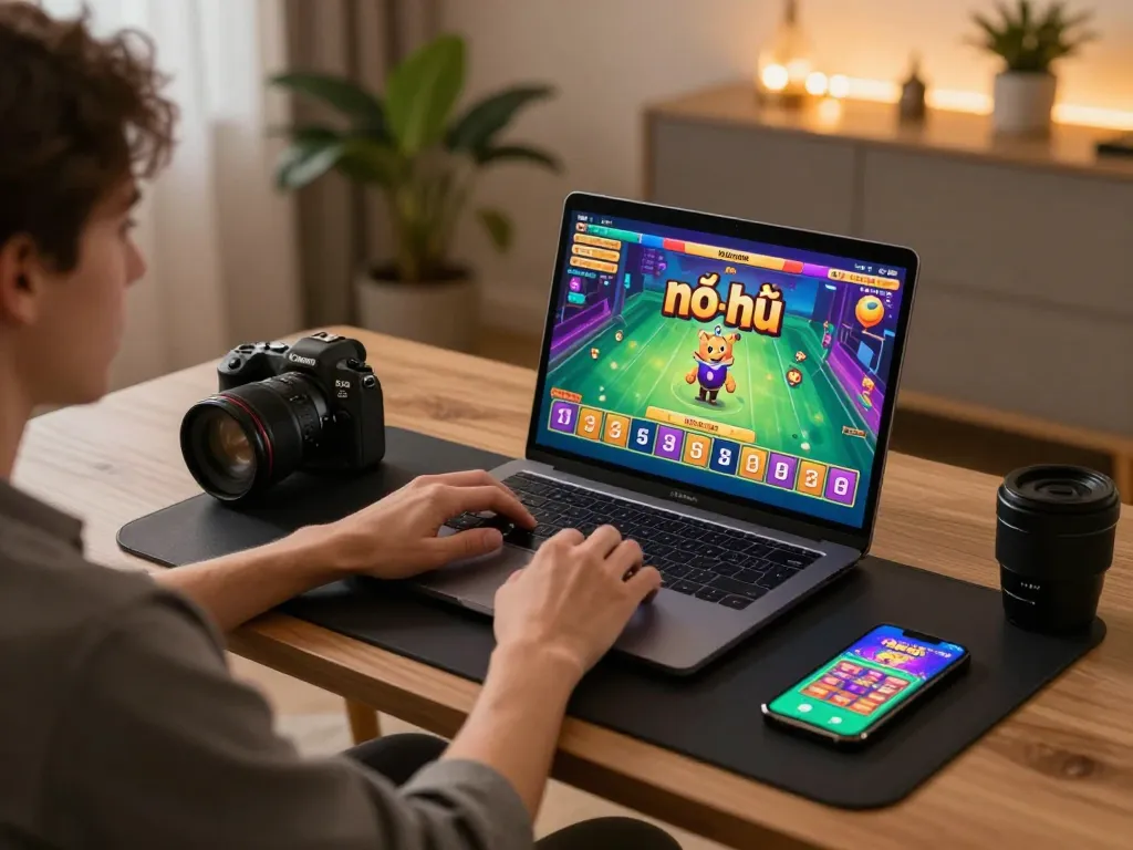 Engaging gameplay on the nổ hũ slot machine displayed on a laptop during a cozy home gaming session.