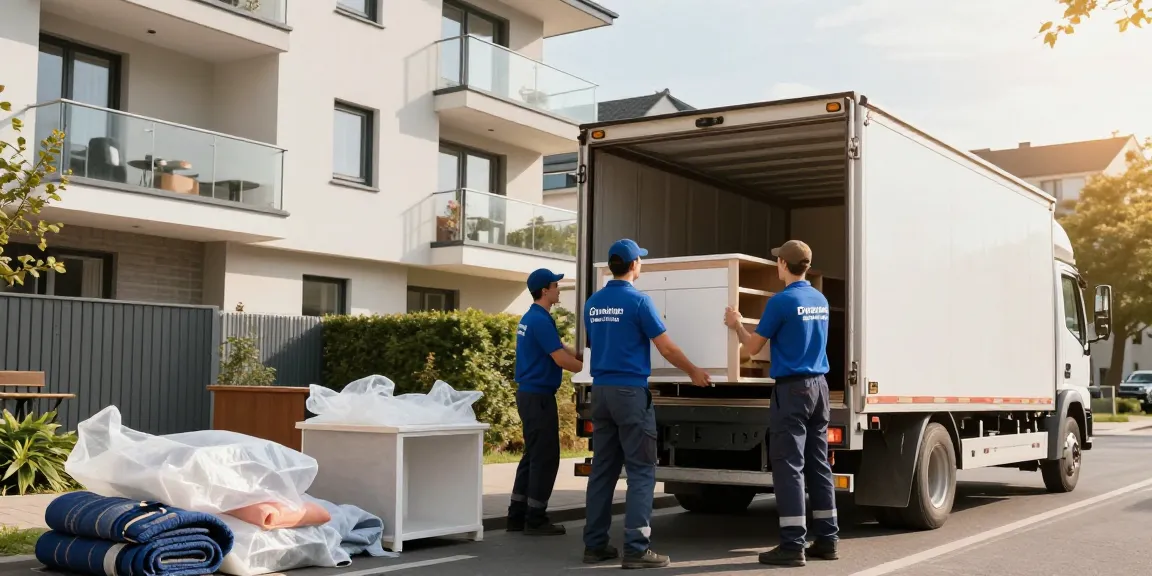 Umzugsunternehmen Darmstadt – professionelle Umzugshelfer laden Möbel sicher auf einen Truck in einer dynamischen Stadtlandschaft.
