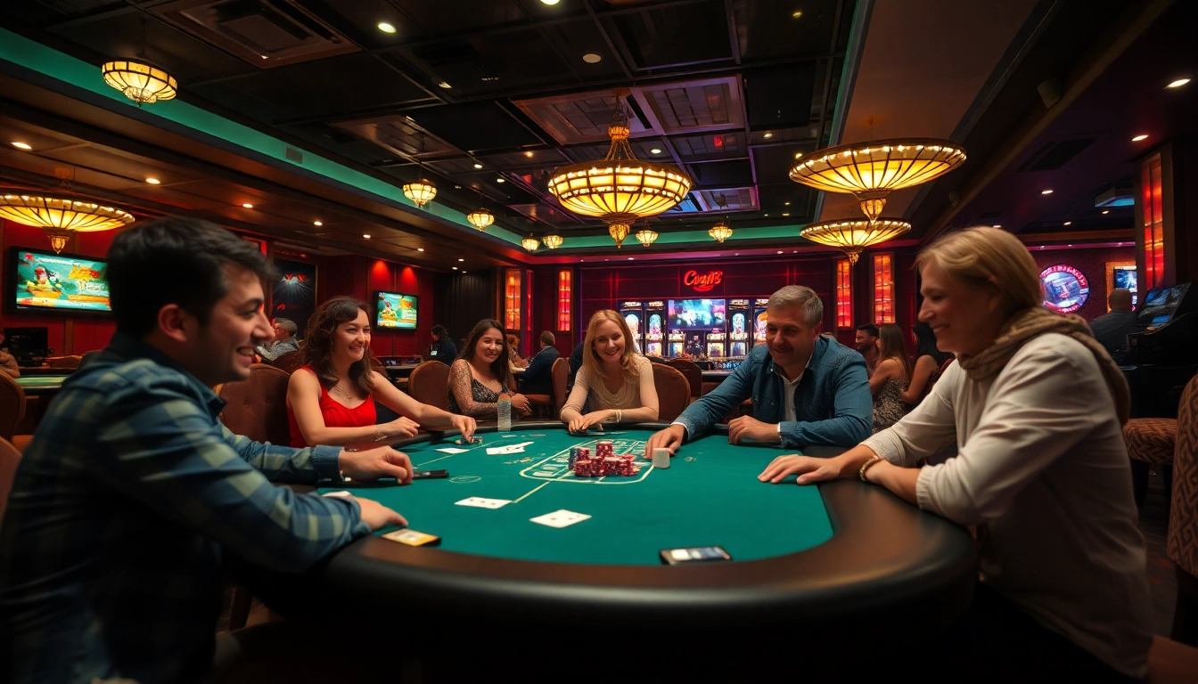 Erlebe Casino Bonus Angebote in einem lebendigen Spiele-Szenario mit glücklichen Spielern und bunten Lichtern.
