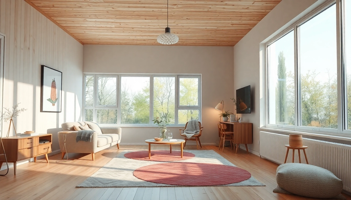 Raumgestaltung in einem modernen, hellen Wohnraum mit minimalistischen Möbeln.