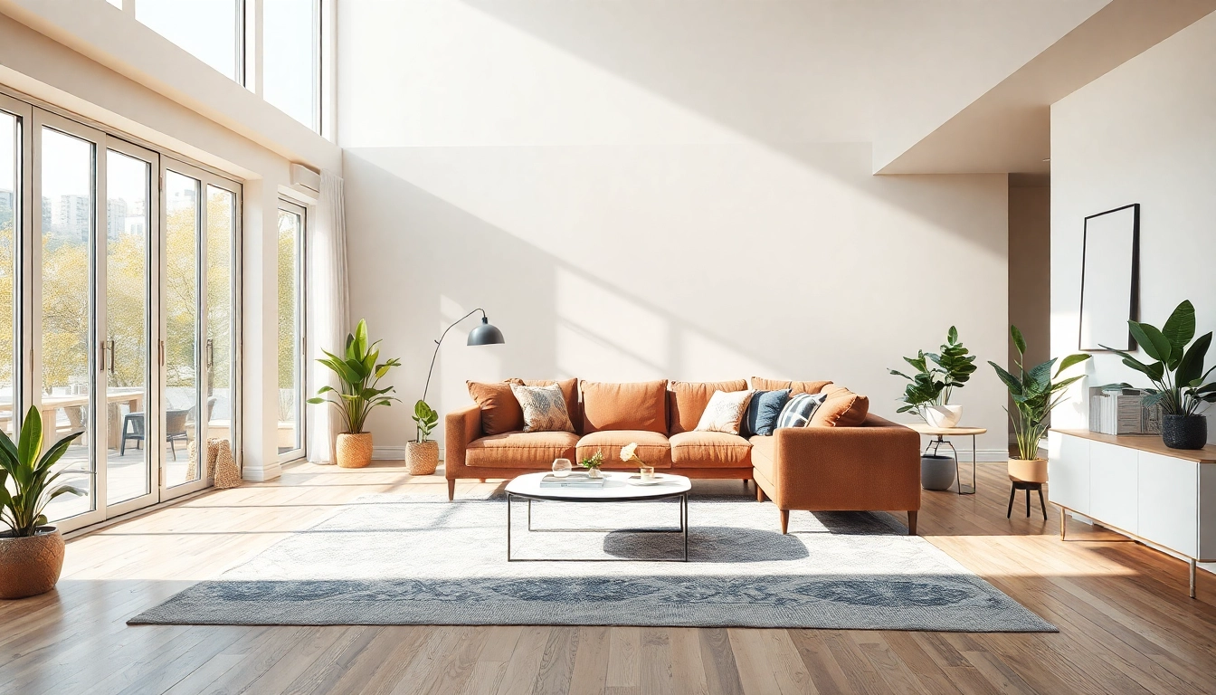 Inspirierende Raumgestaltung für ein modernes Wohnzimmer mit einem stilvollen Sofa, natürlichem Licht und lebendigen Akzenten.