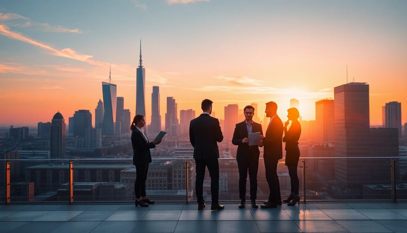 Fachleute interagieren bei Sonneuntergang in einer modernen Stadt, symbolisierend die Rolle des Headhunter IT in der technologischen Rekrutierung.