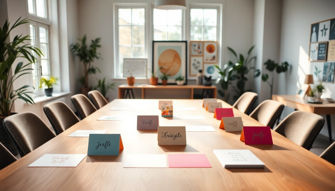 Gestalte personalisierbare Karten in einem kreativen Raum mit verschiedenen Designs und Farben.