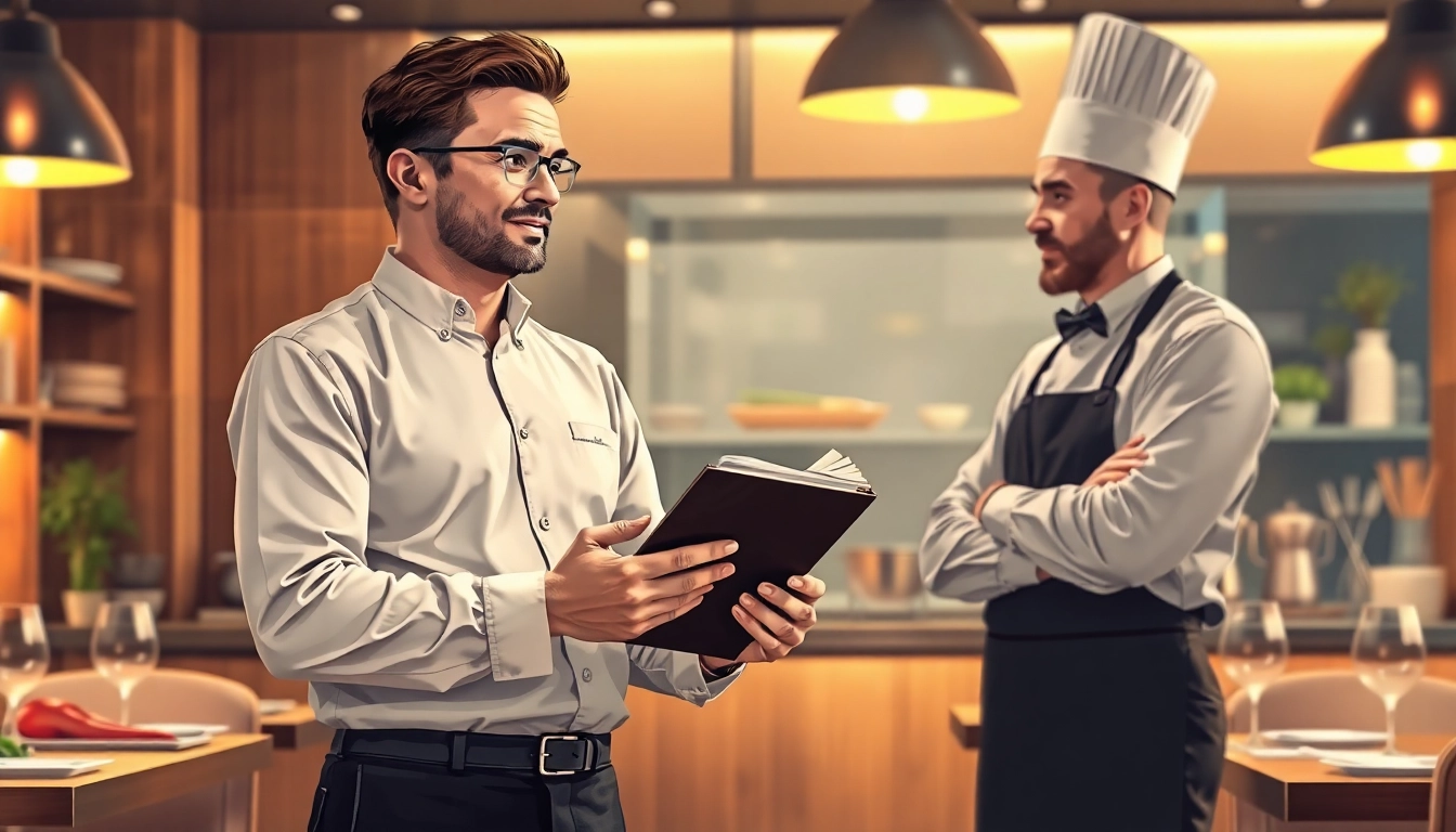 Headhunter Gastronomie führt ein Gespräch mit einem Koch in einer eleganten Restaurantküche.