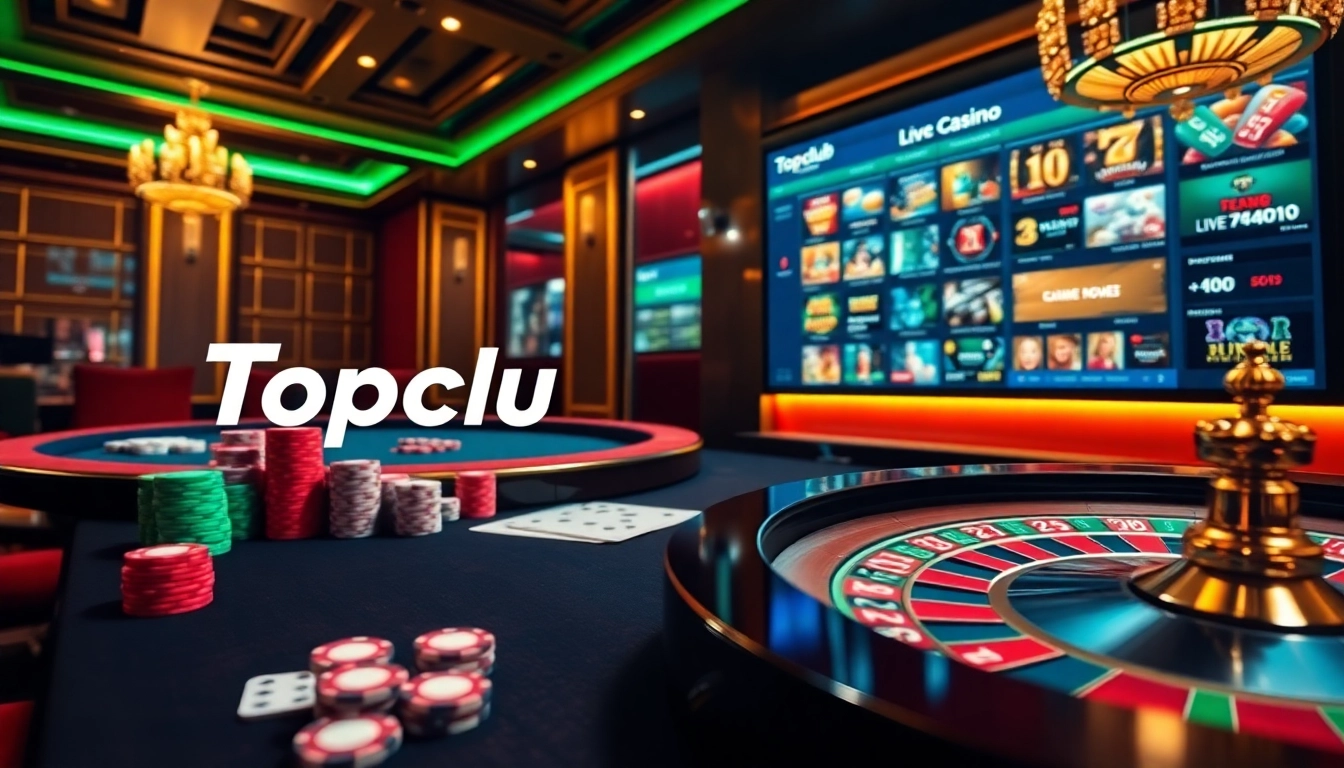 Engage with thrilling gaming action at https://topclub.site/ featuring vibrant gambling elements such as poker chips and roulette.