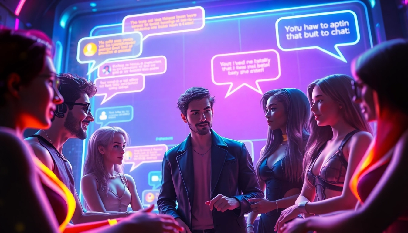 Engaging scene showcasing lively conversations in a porn AI chat environment with diverse avatars and vibrant digital elements.