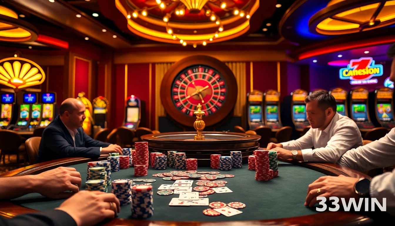 Experience the thrill of poker and roulette at 33WIN's luxurious casino setting.