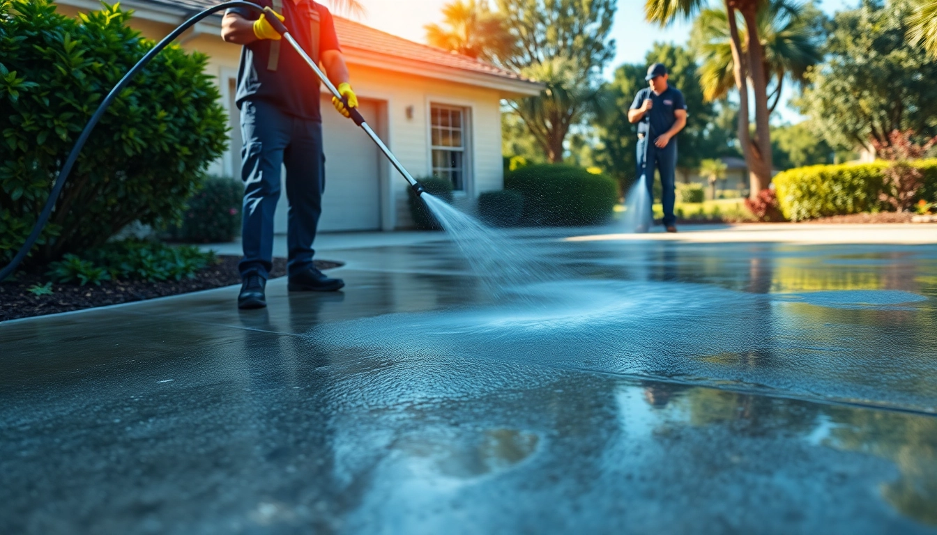 Driveway pressure wash service transforming a dirty surface into a spotless driveway in Kissimmee, FL.