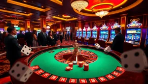 Players excitedly engaging in roulette at https://f8bet.ventures/ casino floor, showcasing luxury and thrill.