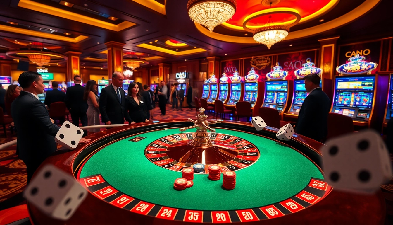 Players excitedly engaging in roulette at https://f8bet.ventures/ casino floor, showcasing luxury and thrill.