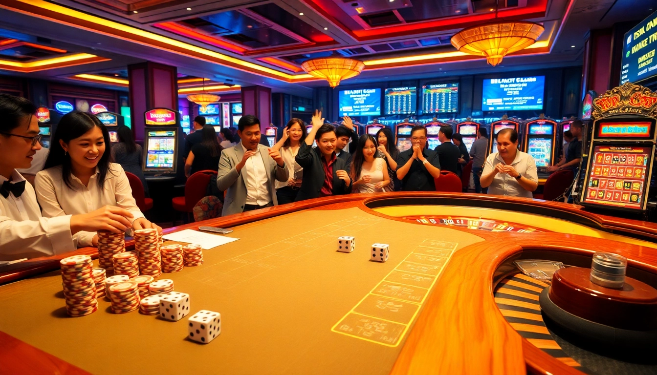 Exciting casino scene highlighting tỷ lệ nhà cái with blackjack table, roulette, and vibrant slot machines.