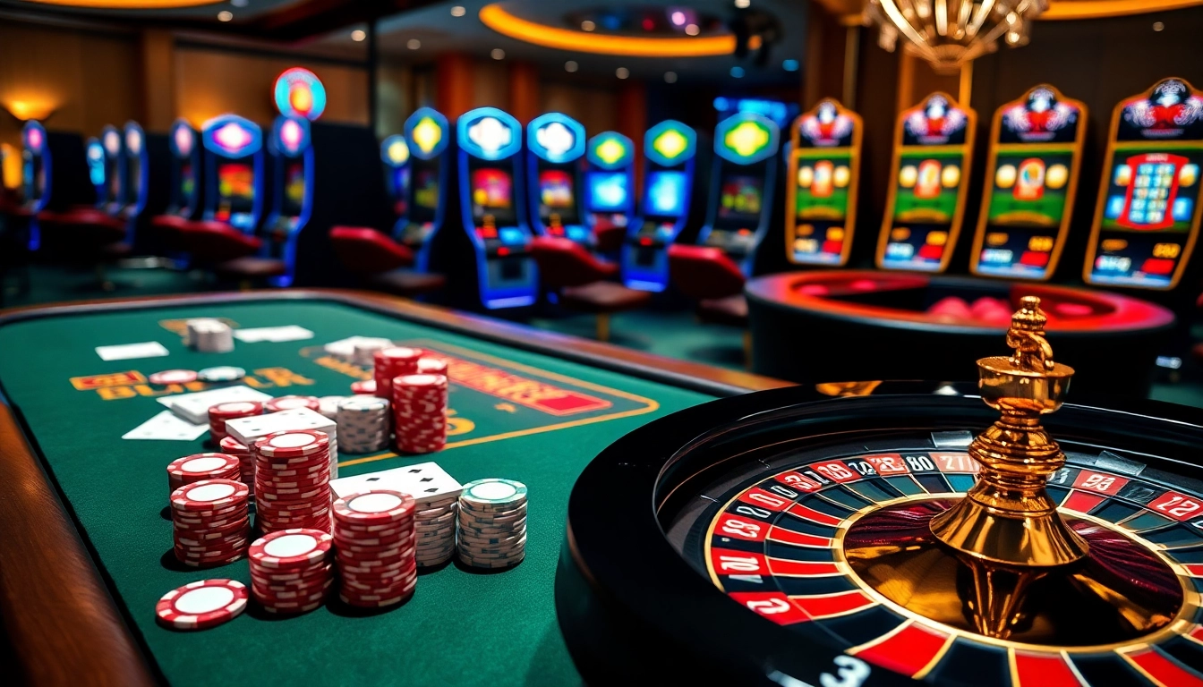 Experience the thrill of winning with OK 8386's luxurious casino ambiance, featuring poker tables and slot machines.