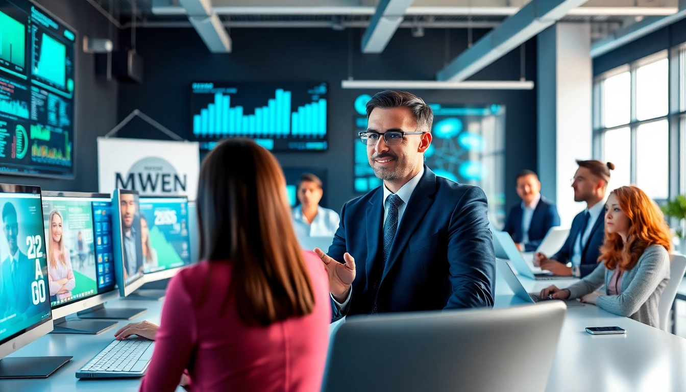 Headhunter IT interview scenario with diverse candidates, highlighting modern recruitment methods.