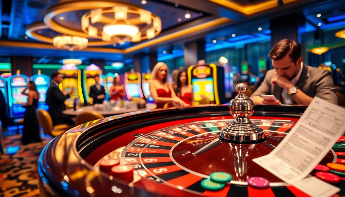 Gamblers strategize at a luxurious casino featuring gaming tables related to https://j88.gives/ with exciting betting action.