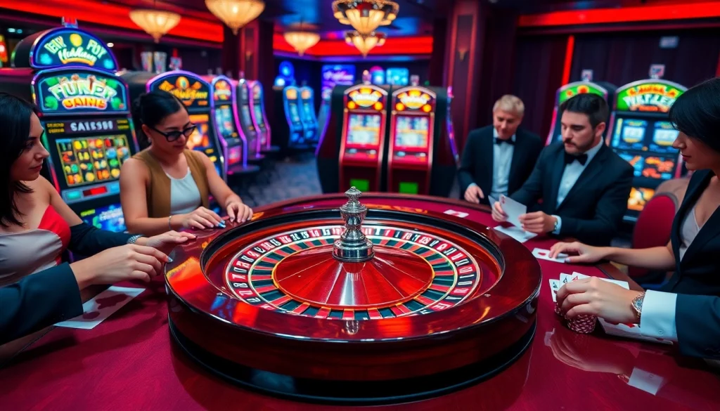 Cảnh casino cho thấy sự háo hức tại https://luck8.com với bánh xe roulette, người chơi và những ánh đèn rực rỡ.