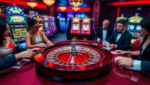 Cảnh casino cho thấy sự háo hức tại https://luck8.com với bánh xe roulette, người chơi và những ánh đèn rực rỡ.