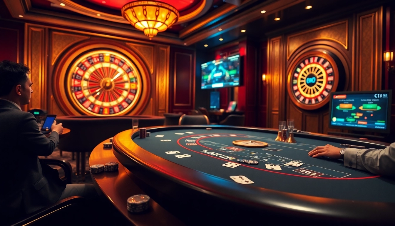 Engaging gambling scene at tylekeo.asia showcasing a blackjack table and roulette wheel.
