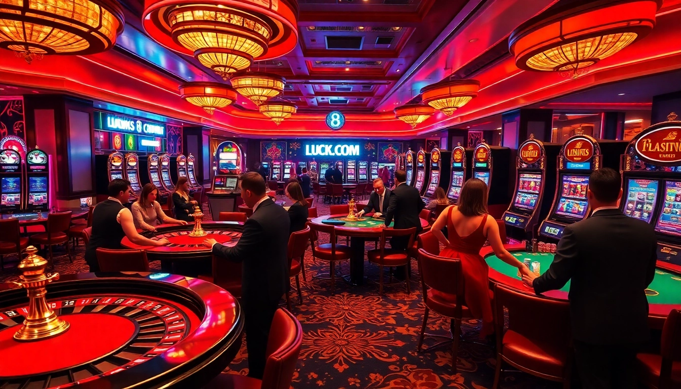 Players enjoying a thrilling experience at LUCK8.COM casino tables featuring vibrant slot machines.