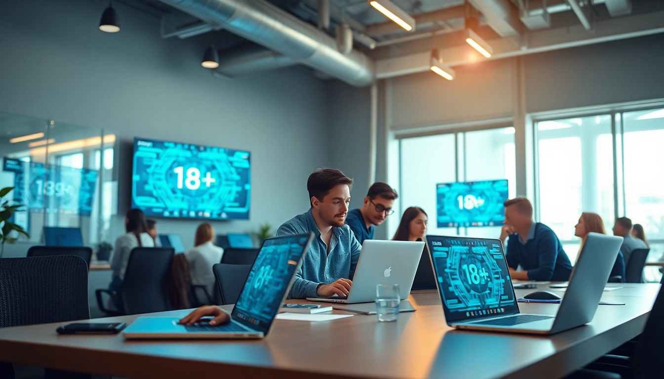 Modern tech workspace with professionals exploring 18+ ai applications, featuring sleek devices and warm lighting.