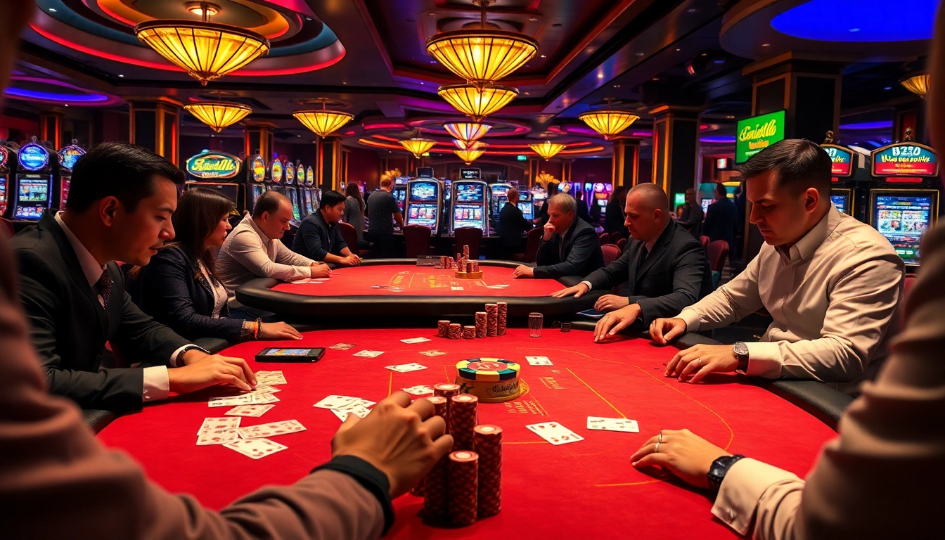 Engaged players enjoying a B52club-themed poker game at a vibrant casino table.
