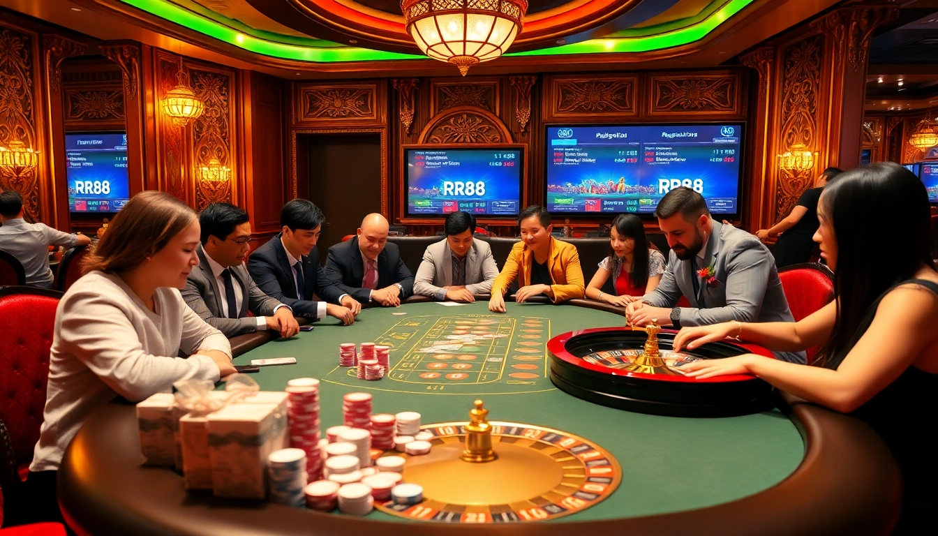 Experience the thrill of RR88 with an engaging poker scene featuring professional players and vibrant casino elements.