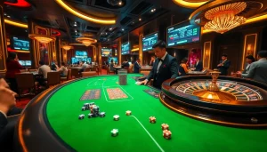 Experience the thrill of gambling at Trang chủ X88 with a vibrant casino atmosphere featuring chips and tables.