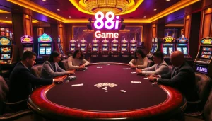 Engage in thrilling 88i game excitement at a lavish casino, with players at poker table.