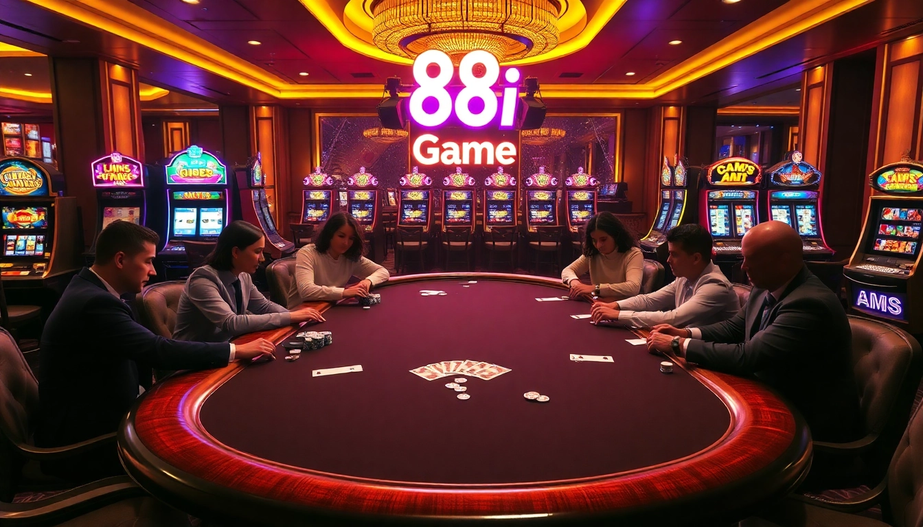 Engage in thrilling 88i game excitement at a lavish casino, with players at poker table.