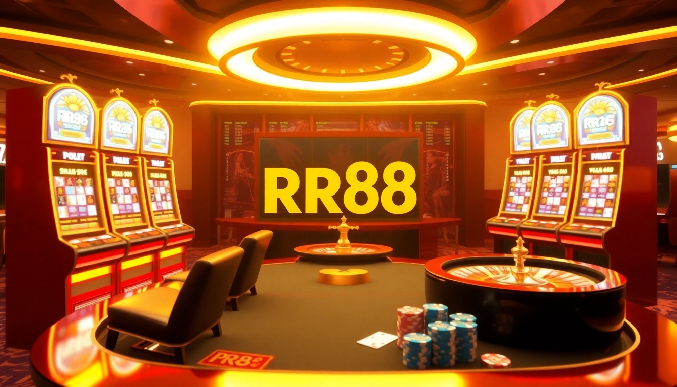 Experience the RR88 excitement with vibrant casino elements like roulette, poker, and slot machines.