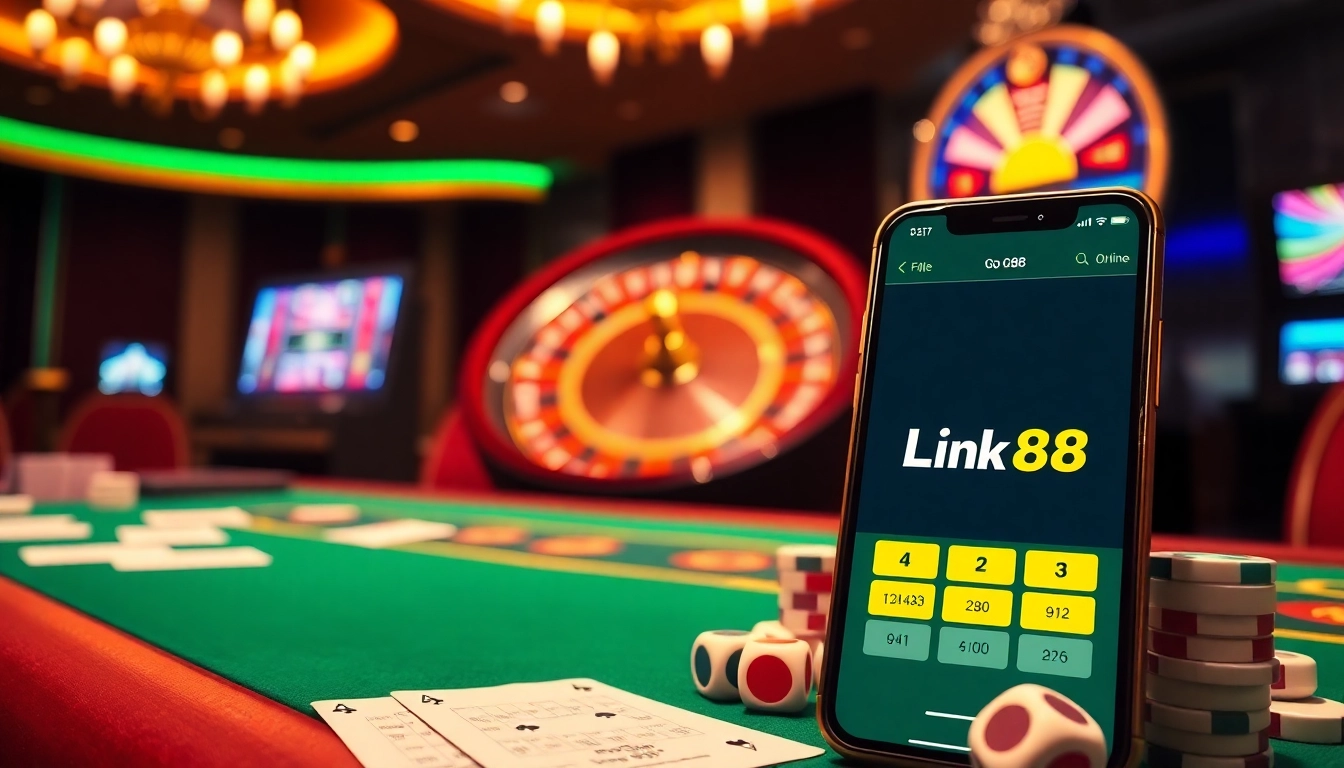 Experience thrilling gameplay at Link Go88 with vibrant casino visuals, cards, and roulette.
