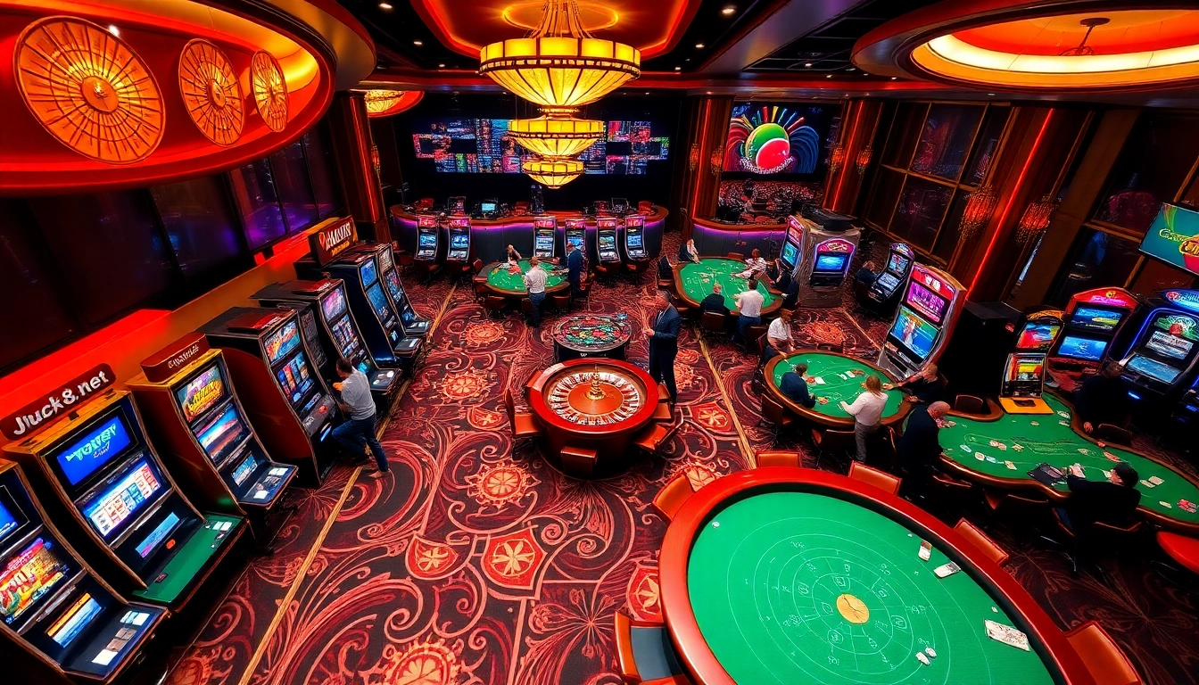 Trải nghiệm màn chơi đầy kịch tính tại https://luck8.net với hình ảnh casino sống động, nổi bật các máy đánh bạc và bàn poker.