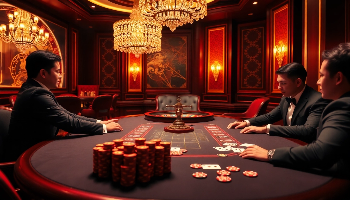 Players strategizing at the poker table with 78WIN chips and cards in a luxurious casino.
