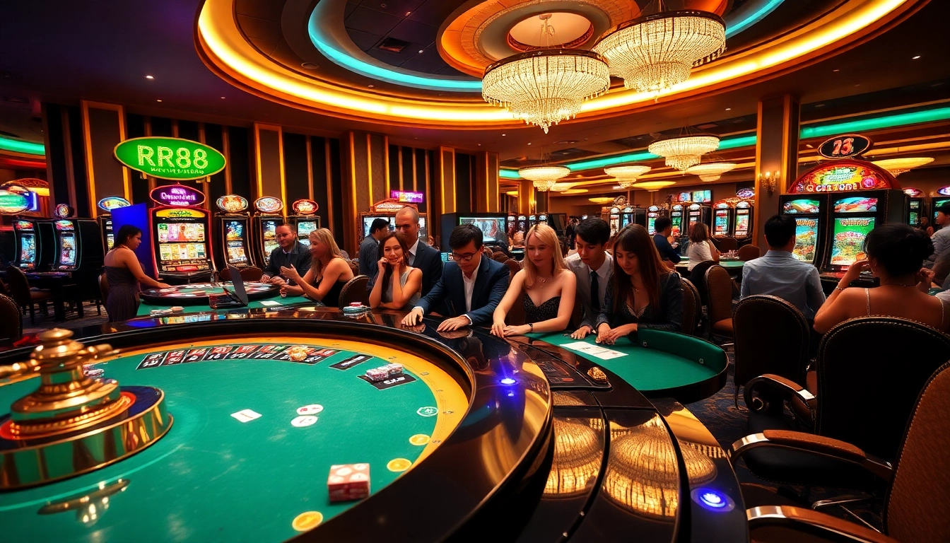 Engaged players at RR88 casino tables experiencing exhilarating gambling action.
