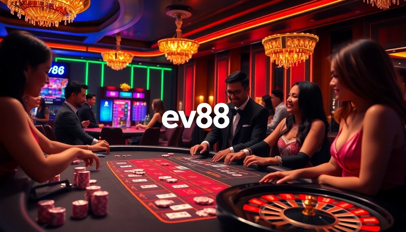 Players enjoying a dynamic blackjack game at a luxurious casino, emphasizing ev88 excitement with chips and cards.