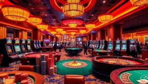 Gamblers enjoying lively games at a luxurious casino via https://mm88.press/, surrounded by poker chips and slot machines.