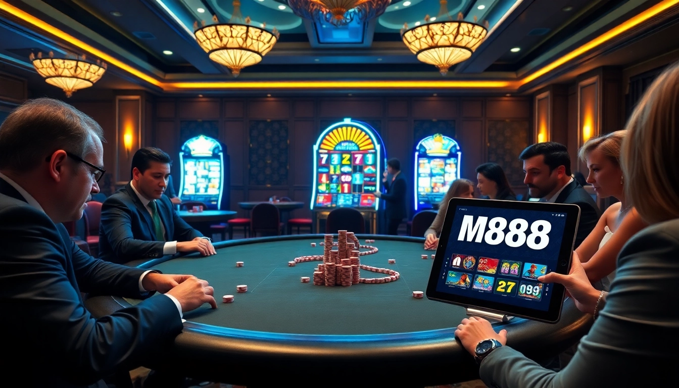 Exciting scene with mv88 online platform visible alongside vibrant casino tables and vibrant poker action.